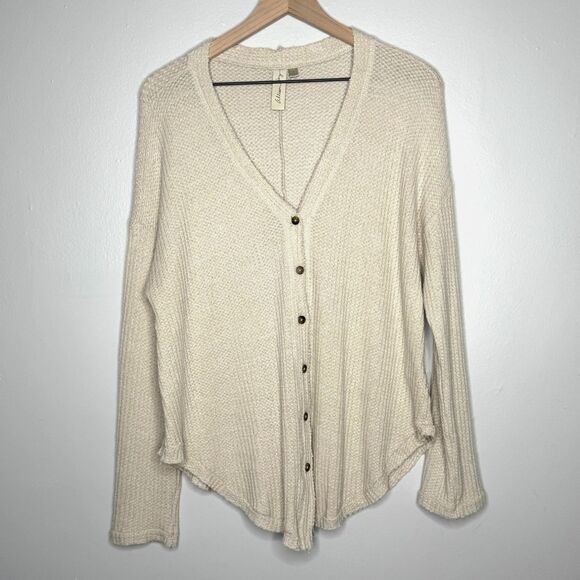 Allison Joy Womens Button Up Top Large Beige Tan Sweater Soft Lounge Oversized - Picture 1 of 9